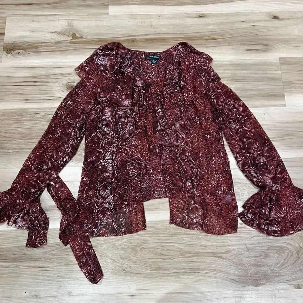 Pamela Dennis Red and Black Bell Sleeve Snakeskin Tie Blouse Women’s XS